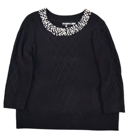 KARL LAGERFELD PARIS Black W/Pearl Embellished Neck Cable Knit Sweater Sz XL/16 - Picture 6 of 11